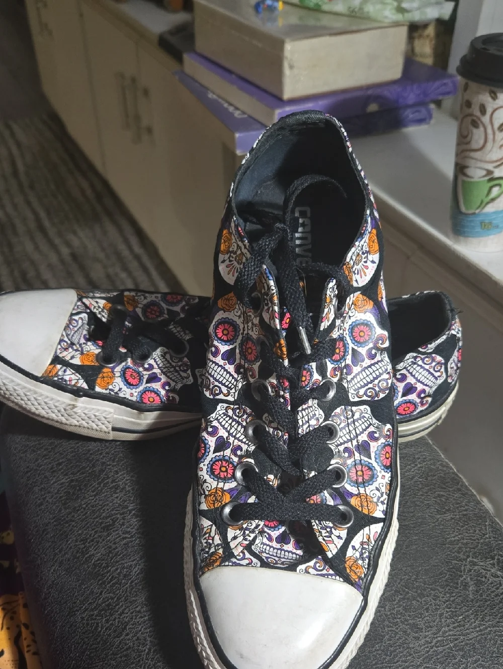 Converse Sneakers with Black Canvas and Colorful Sugar Skull Accent, Mens 7 - Picture 3 of 6
